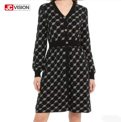 JCVISION Autumn and Winter Women's V-neck Knitted Dress Commuter Style