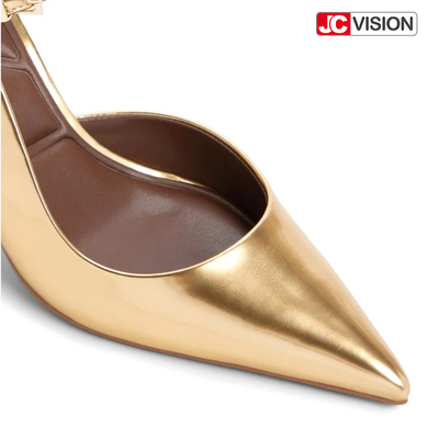 JCVISION Wąskie palce Slingback Pumpy Lustro metalowe Skóra wegana Wysokie sztylety Obcasy D'Orsay Strona buty