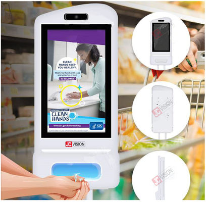 Kiosk reklamowy z dozownikiem płynu do dezynfekcji rąk i rozpoznawaniem twarzy JCVISION
