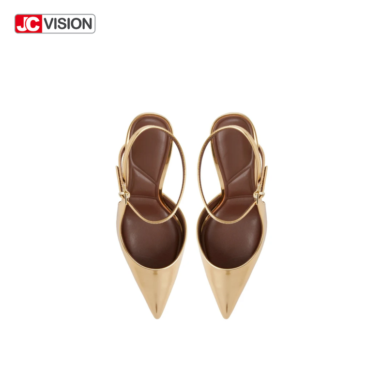 JCVISION Wąskie palce Slingback Pumpy Lustro metalowe Skóra wegana Wysokie sztylety Obcasy D'Orsay Strona buty